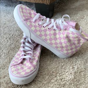 purple checkered high top vans